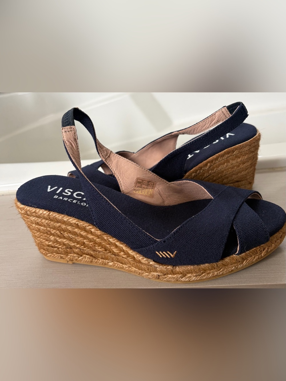 Viscata Navy Canvas Espadrille Wedge with Tan Jute Sole